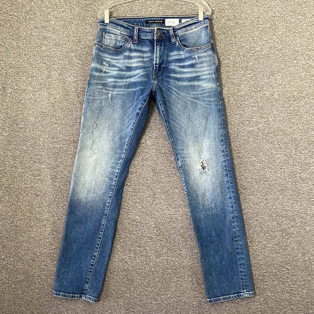 Mavi Men's Size 32/32 Blue Distressed Jake Slim Leg Stretch Denim Jeans